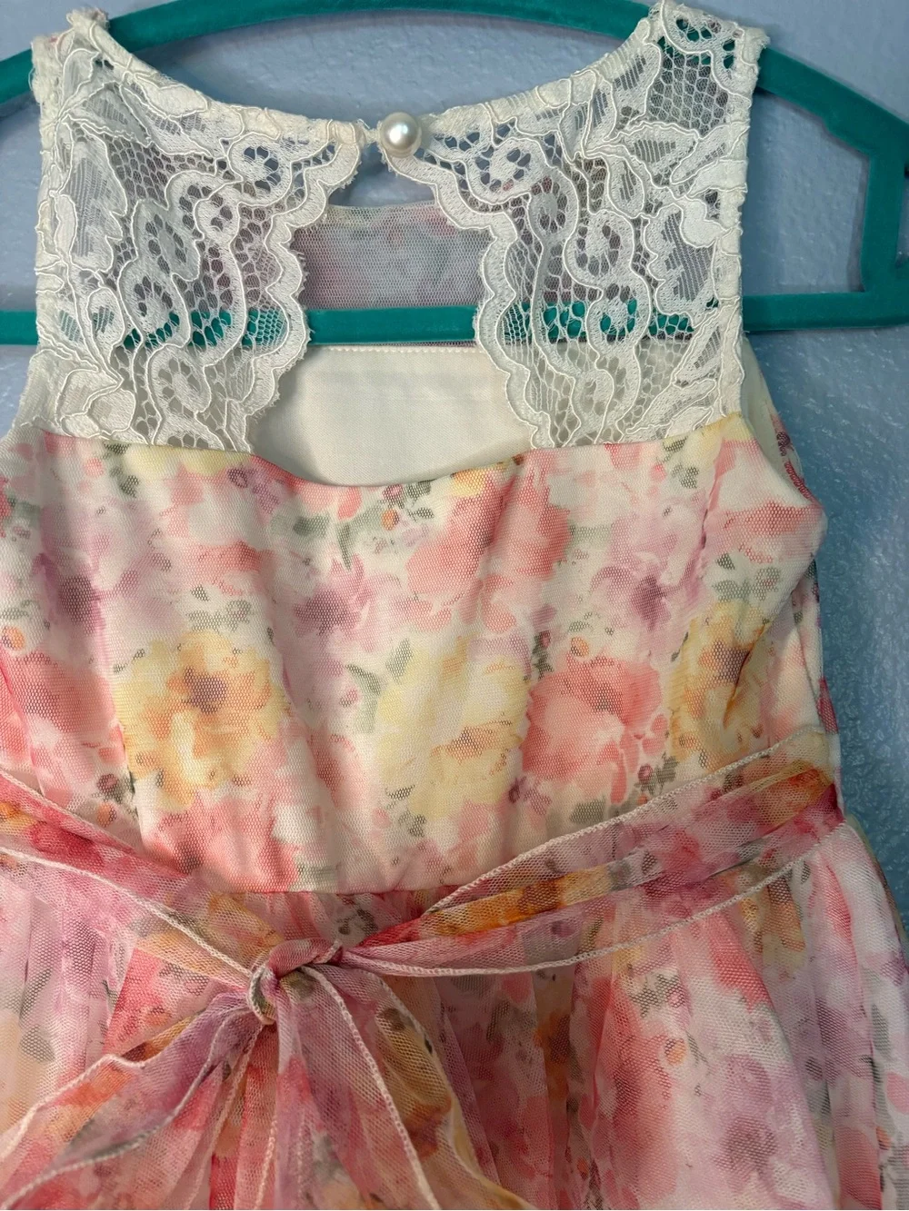 Bonnie Jean Pink Floral Handkerchief Hem Dress with Rosette